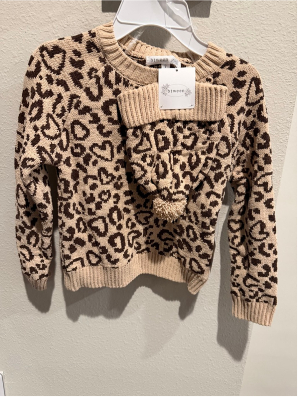 Girls Btween Leopard Print Sweater & Beanie Set Size 12 Beige Brown NWT